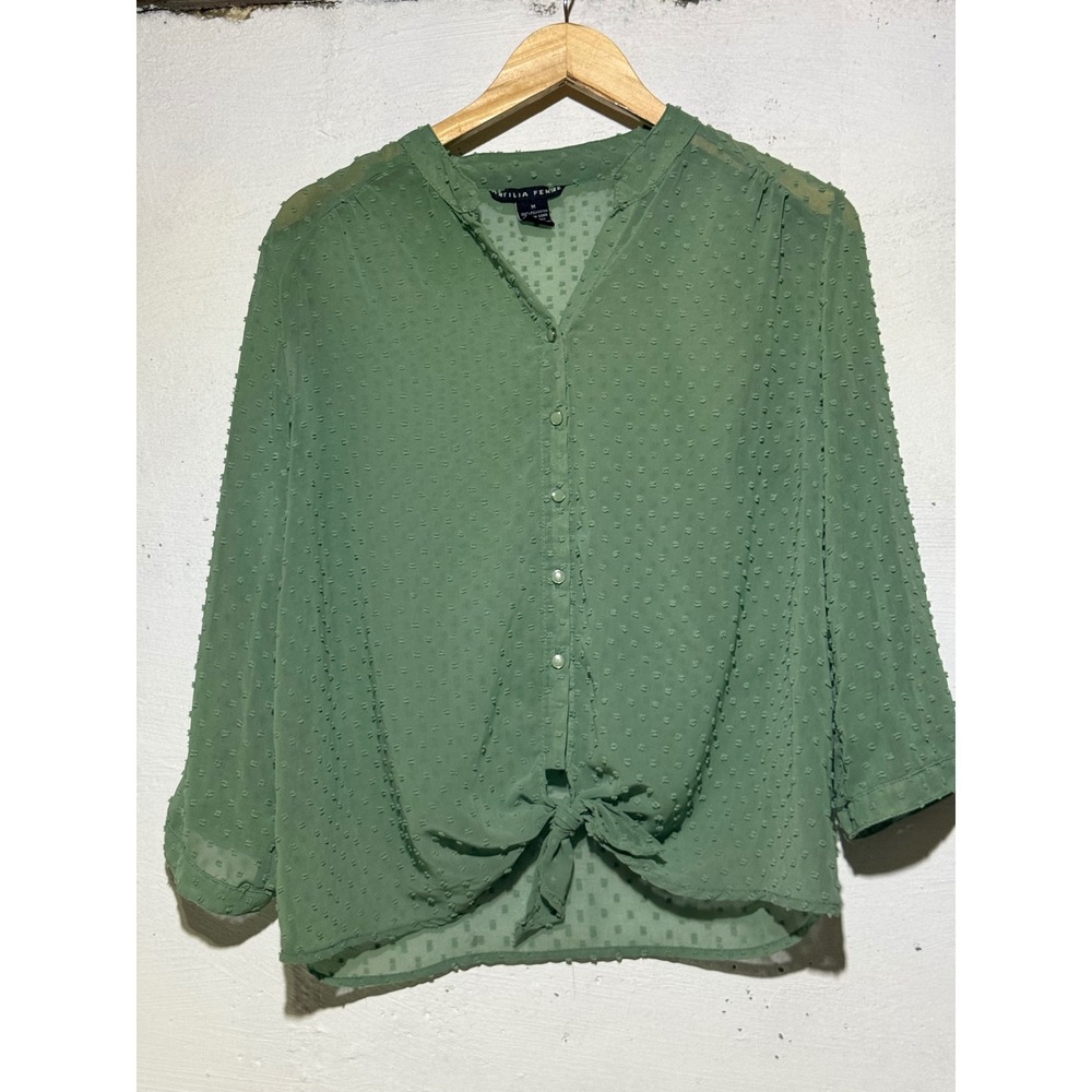 Womens Swiss Dot Tie Front Blouse M Sage Green Sheer Polyester Top Twe Feminine